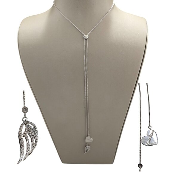 KA 1772 Sterling Silver Love More Heart Wing Crystal Lariat Necklace